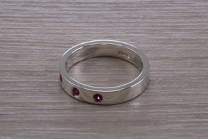 Three Natural Ruby Silver Band, Flat Profile Chunky Ring