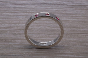 Three Natural Ruby Silver Band, Flat Profile Chunky Ring