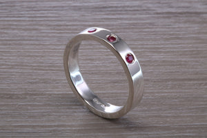 Three Natural Ruby Silver Band, Flat Profile Chunky Ring