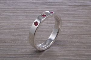 Three Natural Ruby Silver Band, Flat Profile Chunky Ring