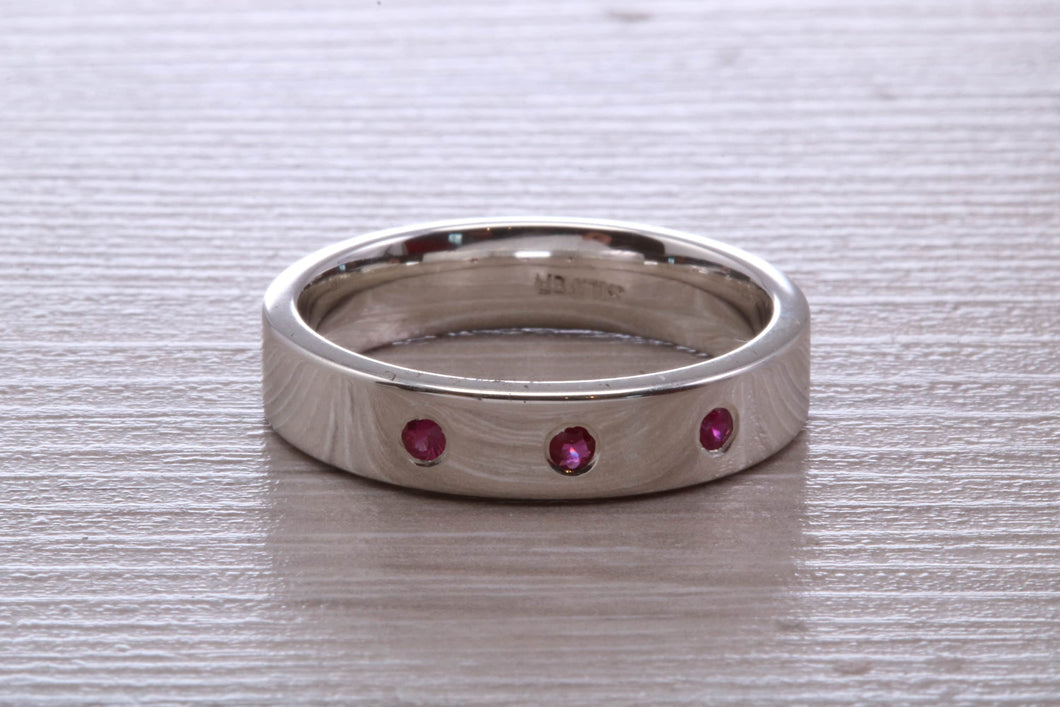Three Natural Rubies set Silver Band