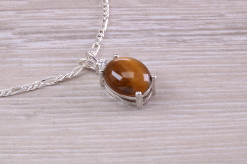 Natural Oval Cut Tigers Eye Necklace, Made From Solid Sterling Silver