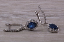 Load image into Gallery viewer, Beautiful Halo set Sapphire and Diamond Dropper Earrings, 2.84ct Total Gemstone Weight