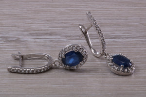 Beautiful Halo set Sapphire and Diamond Dropper Earrings, 2.84ct Total Gemstone Weight