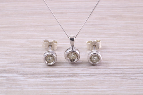 Diamond set Solitaire Stud Earrings and Matching Necklace