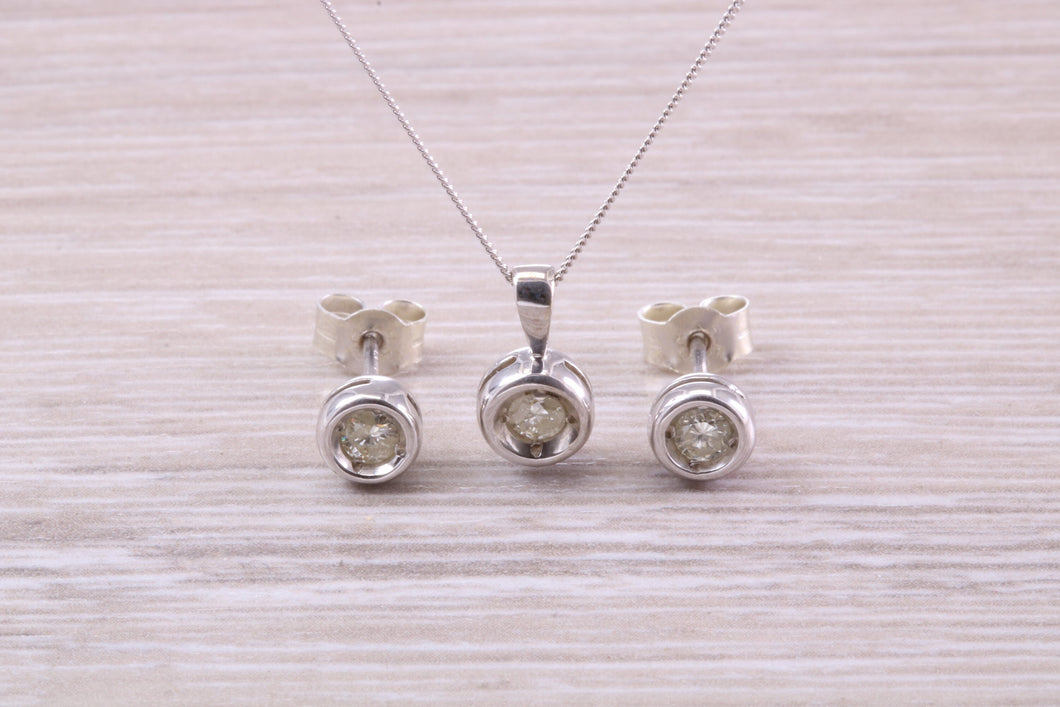 Diamond set Solitaire Stud Earrings and Matching Necklace