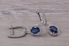 Load image into Gallery viewer, Beautiful Halo set Sapphire and Diamond Dropper Earrings, 2.84ct Total Gemstone Weight