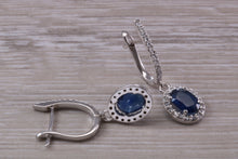 Load image into Gallery viewer, Beautiful Halo set Sapphire and Diamond Dropper Earrings, 2.84ct Total Gemstone Weight