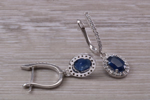 Beautiful Halo set Sapphire and Diamond Dropper Earrings, 2.84ct Total Gemstone Weight