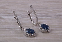 Load image into Gallery viewer, Beautiful Halo set Sapphire and Diamond Dropper Earrings, 2.84ct Total Gemstone Weight