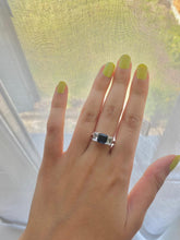 Load image into Gallery viewer, Emerald cut Blue and White Sapphire Trilogy set Platinum Ring