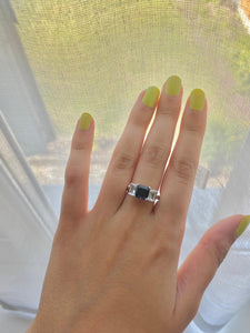 Emerald cut Blue and White Sapphire Trilogy set Platinum Ring
