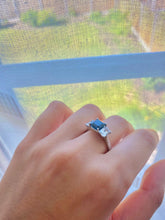 Load image into Gallery viewer, Emerald cut Blue and White Sapphire Trilogy set Platinum Ring