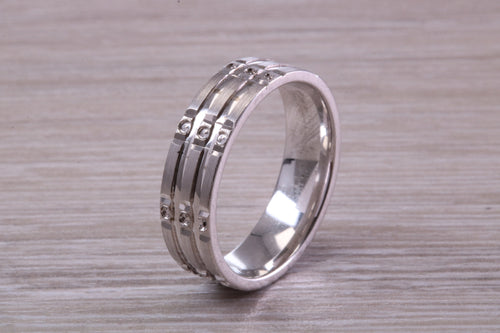 Gents 6 mm Wide Patterned White Gold Band