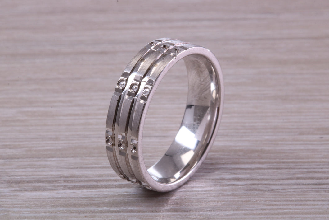 Gents 6 mm Wide Patterned White Gold Band