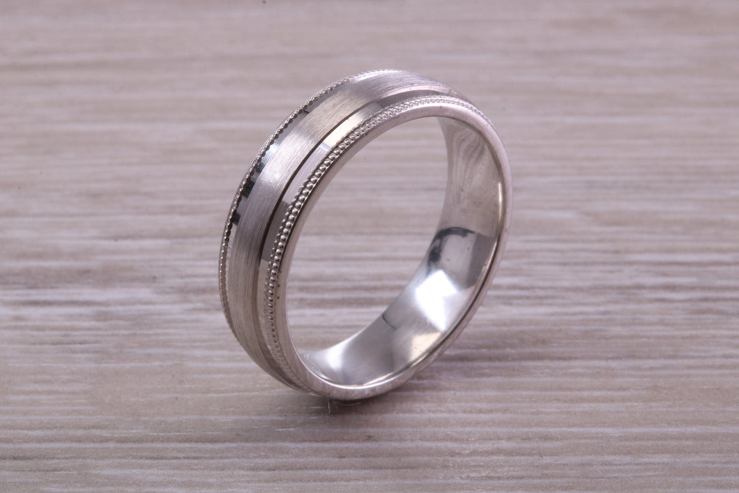 Gents 6 mm Wide Patterned White Gold Band