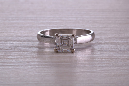 Over One Carat Certified Asscher cut E VS 1 Graded GIA Certified Diamond set Platinum Solitaire