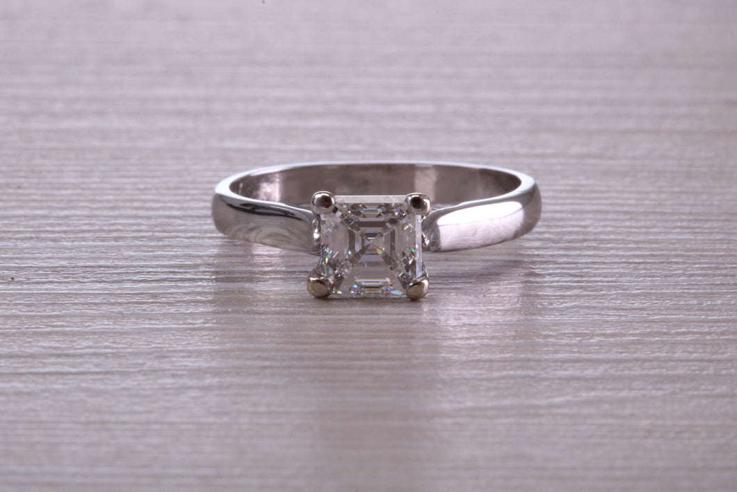 Over One Carat Certified Asscher cut E VS 1 Graded GIA Certified Diamond set Platinum Solitaire