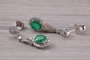 Very Dressy Emerald and Diamond set White Gold Dropper Earrings