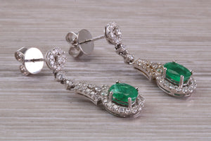 Very Dressy Emerald and Diamond set White Gold Dropper Earrings