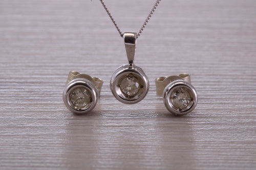 Diamond set Solitaire Stud Earrings and Matching Necklace