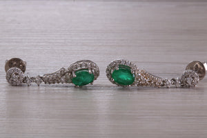Very Dressy Emerald and Diamond set White Gold Dropper Earrings