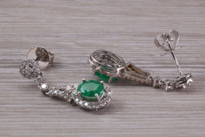Very Dressy Emerald and Diamond set White Gold Dropper Earrings