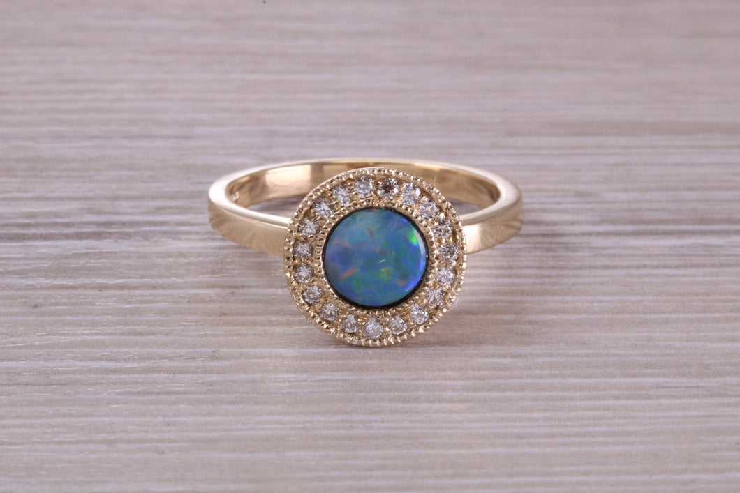 Beautiful Fiery Natural Opal and Diamonds set Gold Ring