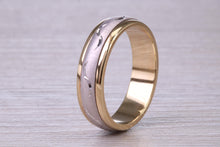 Load image into Gallery viewer, 6 mm Wide Spinning Yellow and White Gold Patterned Wedding Band
