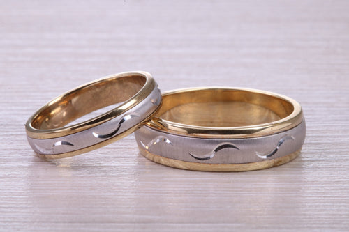 Matching Bridal Bands, 6 mm and 4 mm Wide Spinning Yellow and White Gold Patterned Wedding Bands