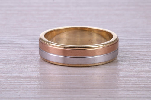 6 mm Wide Three Tone , Solid 18ct Yellow, Rose and White Gold Wedding Band