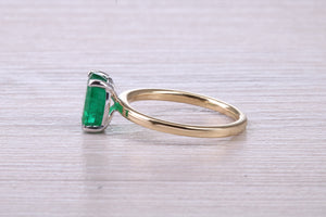 One carat Oval cut Bottle Green Emerald set Dainty 18ct Yellow Gold Solitaire