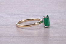 Load image into Gallery viewer, One carat Oval cut Bottle Green Emerald set Dainty 18ct Yellow Gold Solitaire
