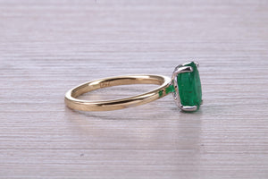 One carat Oval cut Bottle Green Emerald set Dainty 18ct Yellow Gold Solitaire