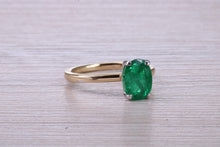 Load image into Gallery viewer, One carat Oval cut Bottle Green Emerald set Dainty 18ct Yellow Gold Solitaire