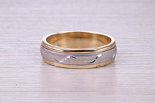 Load image into Gallery viewer, 6 mm Wide Spinning Yellow and White Gold Patterned Wedding Band