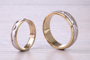 Matching Bridal Bands, 6 mm and 4 mm Wide Spinning Yellow and White Gold Patterned Wedding Bands