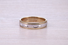 Load image into Gallery viewer, Matching Bridal Bands, 6 mm and 4 mm Wide Spinning Yellow and White Gold Patterned Wedding Bands