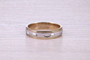 Matching Bridal Bands, 6 mm and 4 mm Wide Spinning Yellow and White Gold Patterned Wedding Bands