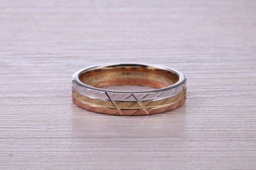 4 mm Wide Three Tone , Solid Yellow, Rose and White Gold Wedding Band