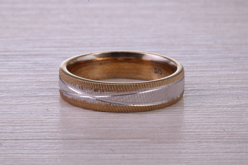 5 mm Wide Yellow and White Gold Patterned Wedding Band