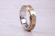 Load image into Gallery viewer, Gents 6 mm Wide Diamond set Spinning Band, Solid Yellow and White Gold