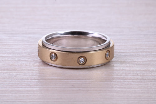 Gents 6 mm Wide Diamond set Spinning Band, Solid Yellow and White Gold