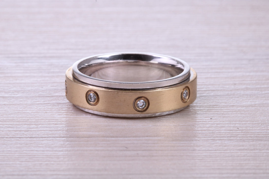 Gents 6 mm Wide Diamond set Spinning Band, Solid Yellow and White Gold