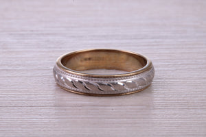 4 mm Wide Yellow and White Gold Patterned Wedding Band