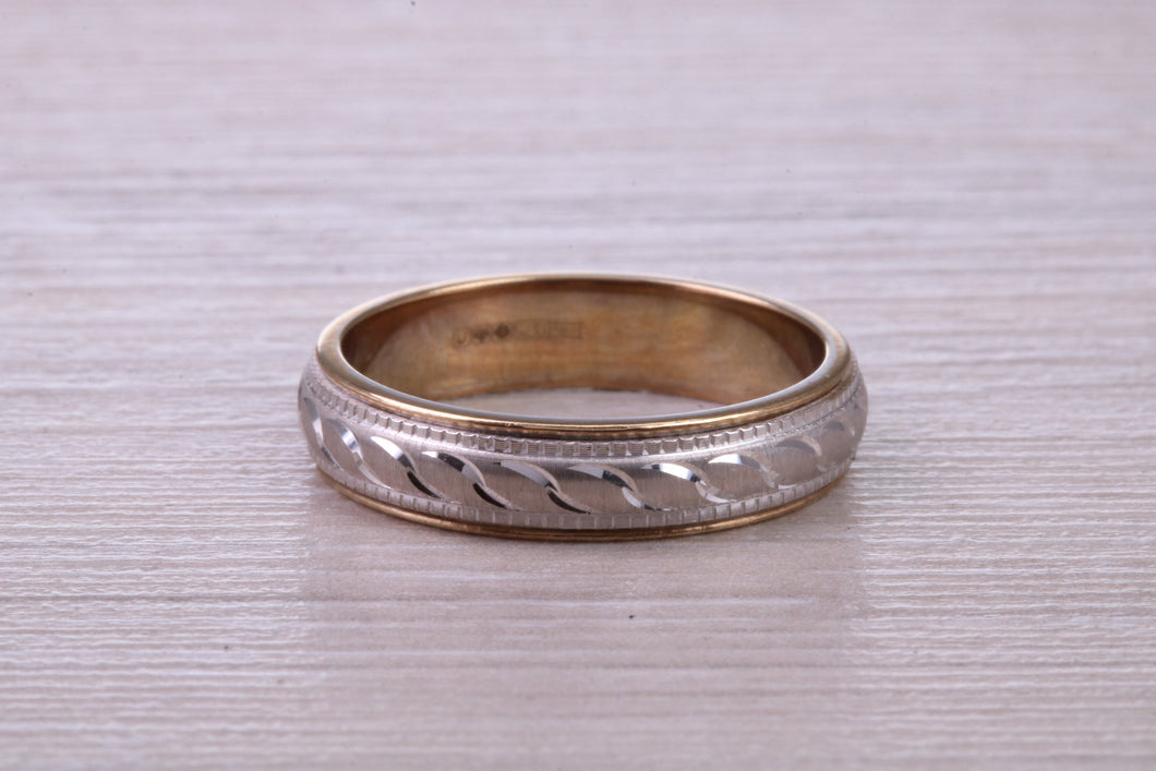 4 mm Wide Yellow and White Gold Patterned Wedding Band