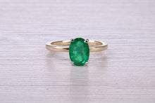 Load image into Gallery viewer, One carat Oval cut Bottle Green Emerald set Dainty 18ct Yellow Gold Solitaire