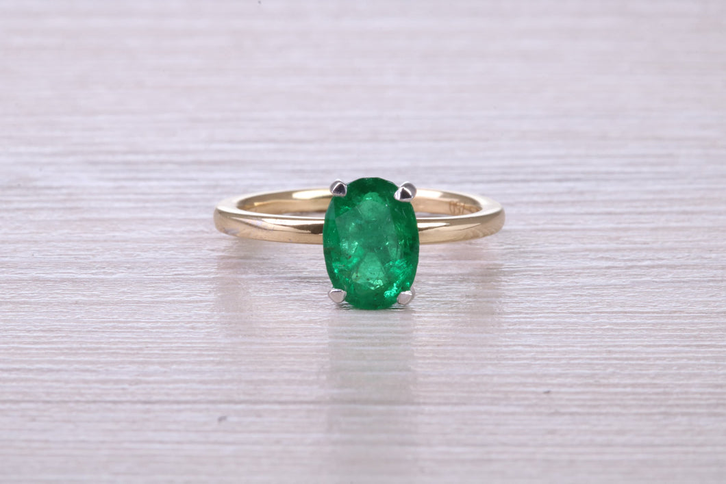 One carat Oval cut Bottle Green Emerald set Dainty 18ct Yellow Gold Solitaire