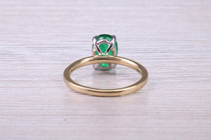One carat Oval cut Bottle Green Emerald set Dainty 18ct Yellow Gold Solitaire