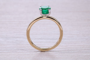 One carat Oval cut Bottle Green Emerald set Dainty 18ct Yellow Gold Solitaire